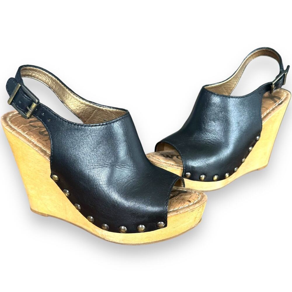 Sam Edelman Camilla Black Leather Open Toe Slingback Wood Wedge Heels Size 6